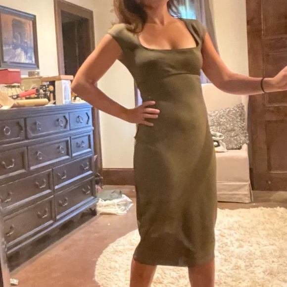 green emerald velvet dress Long Sleeve Thigh Split Bodycon Midi Dress in Olive L / Green